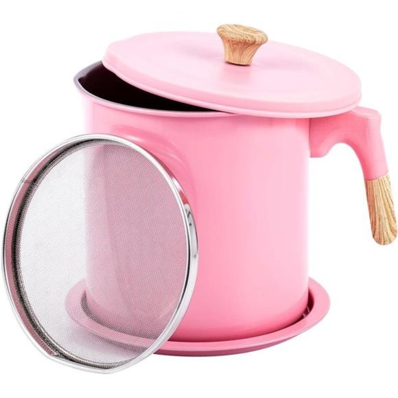 Pink Oil Storage & Bacon Grease Container with Strainer for Kitchen(48oz / 1.4L) - Picture 1 of 9
